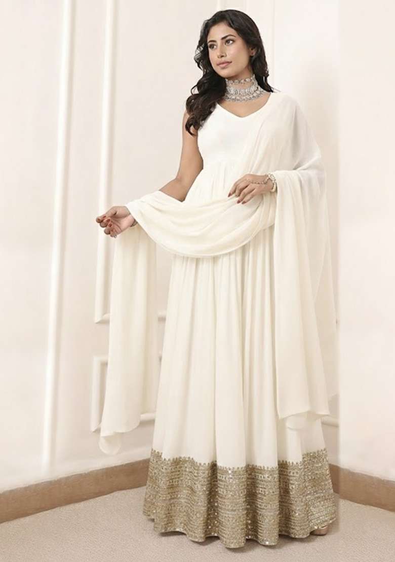 Off White Embroidered Georgette Anarkali With Dupatta - Indya