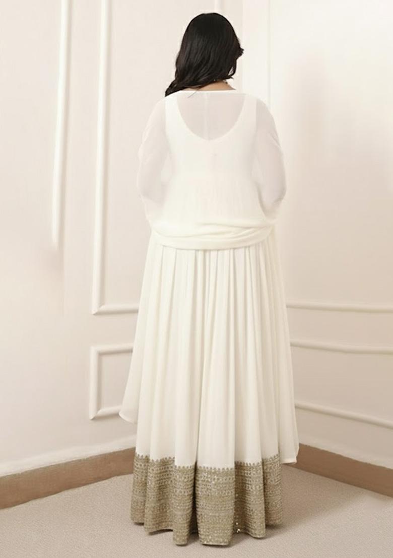 Off White Embroidered Georgette Anarkali With Dupatta - Indya