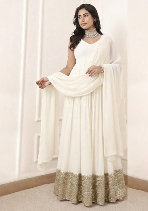 Off White Embroidered Georgette Anarkali With Dupatta