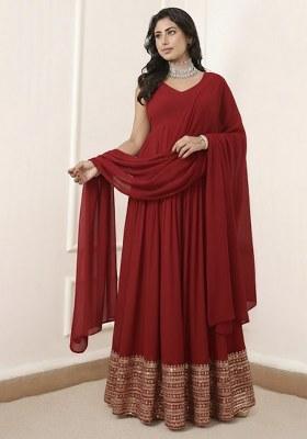 Deep Red Embroidered Georgette Anarkali With Dupatta
