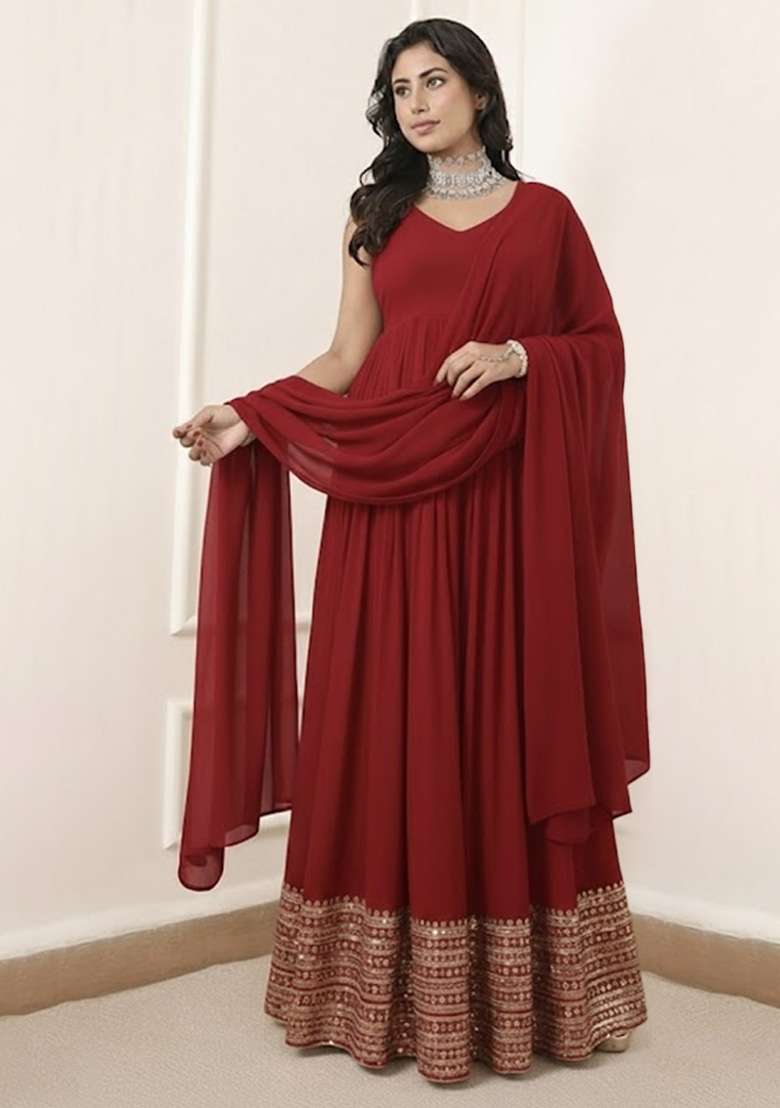 Deep Red Embroidered Georgette Anarkali With Dupatta - Indya