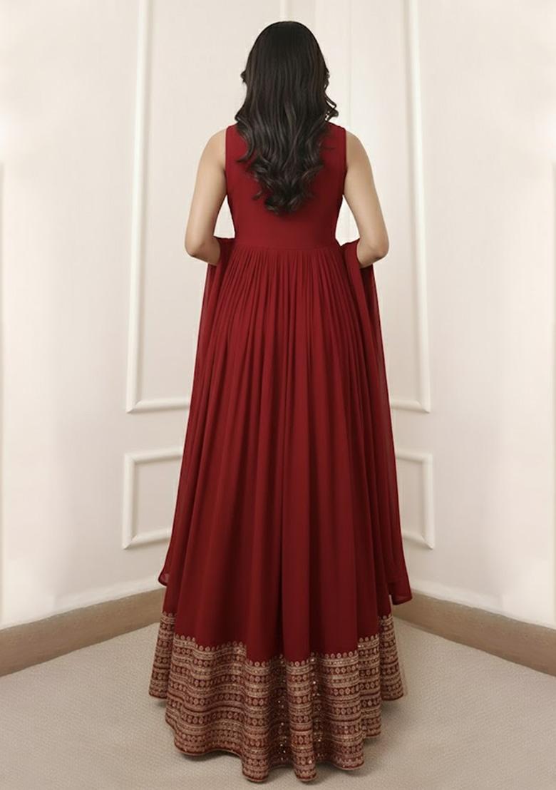 Deep Red Embroidered Georgette Anarkali With Dupatta - Indya