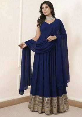 Navy Blue Embroidered Georgette Anarkali With Dupatta