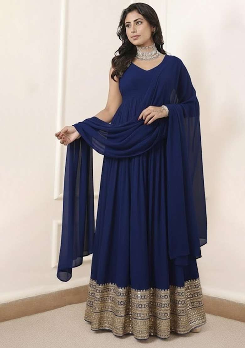 Navy Blue Embroidered Georgette Anarkali With Dupatta - Indya