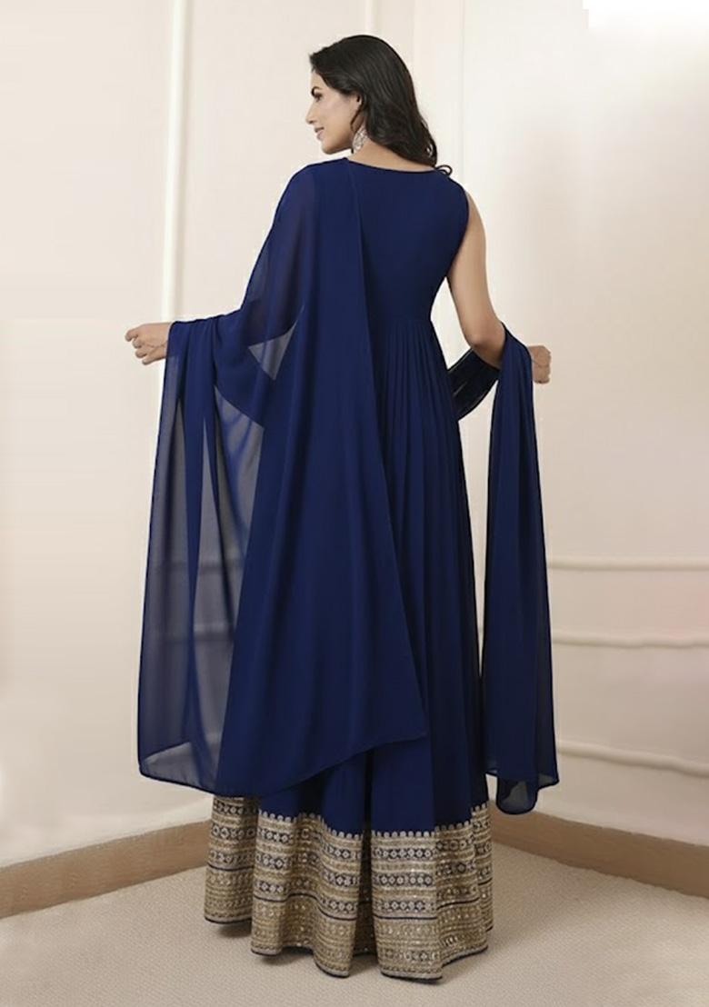 Navy Blue Embroidered Georgette Anarkali With Dupatta - Indya