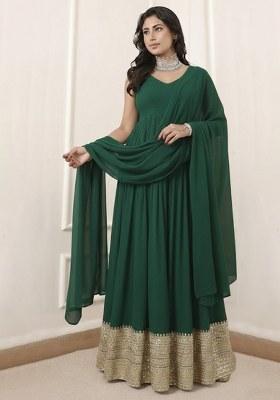 Dark Green Embroidered Georgette Anarkali With Dupatta