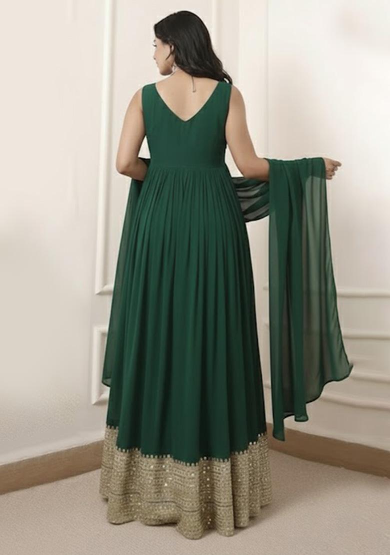 Dark Green Embroidered Georgette Anarkali With Dupatta - Indya