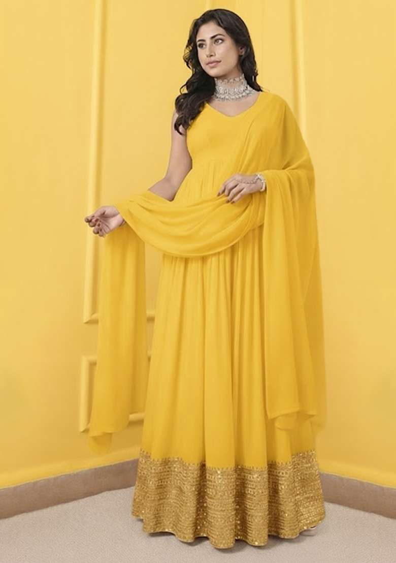 Yellow Embroidered Georgette Anarkali With Dupatta - Indya