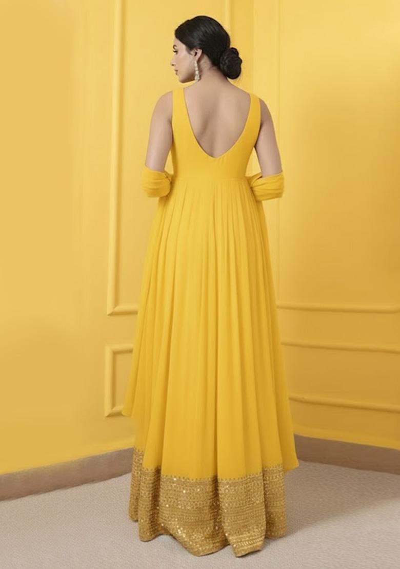 Yellow Embroidered Georgette Anarkali With Dupatta - Indya