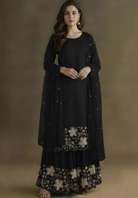 Black Embellished Crepe Sharara Set