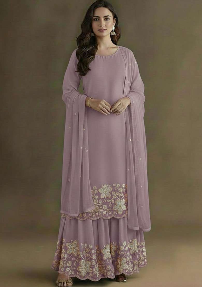 Lavender Embellished Crepe Sharara Set - Indya