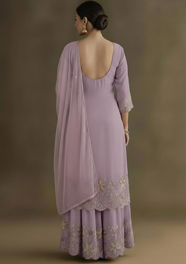 Lavender Embellished Crepe Sharara Set - Indya