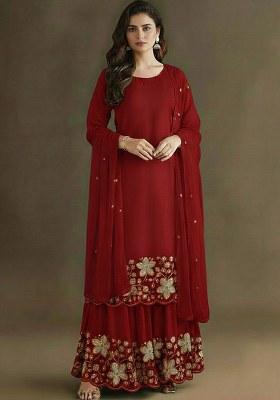 Wine Embellished Crepe Sharara Set