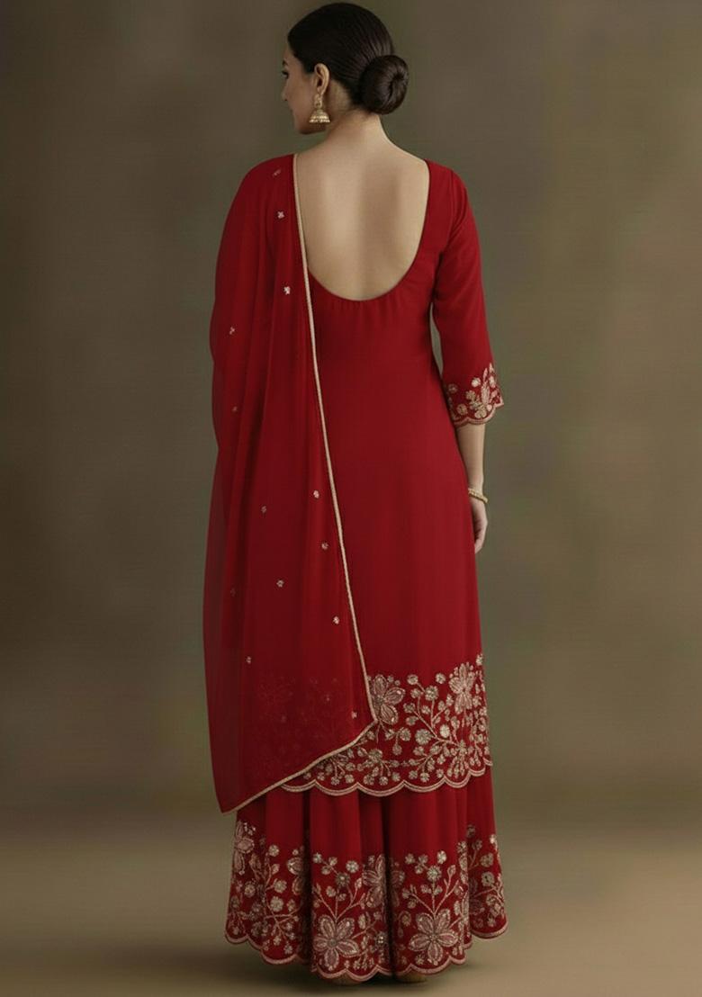 Wine Embellished Crepe Sharara Set - Indya