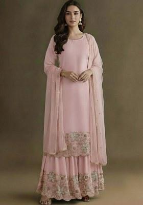 Soft Pink Embellished Crepe Sharara Set