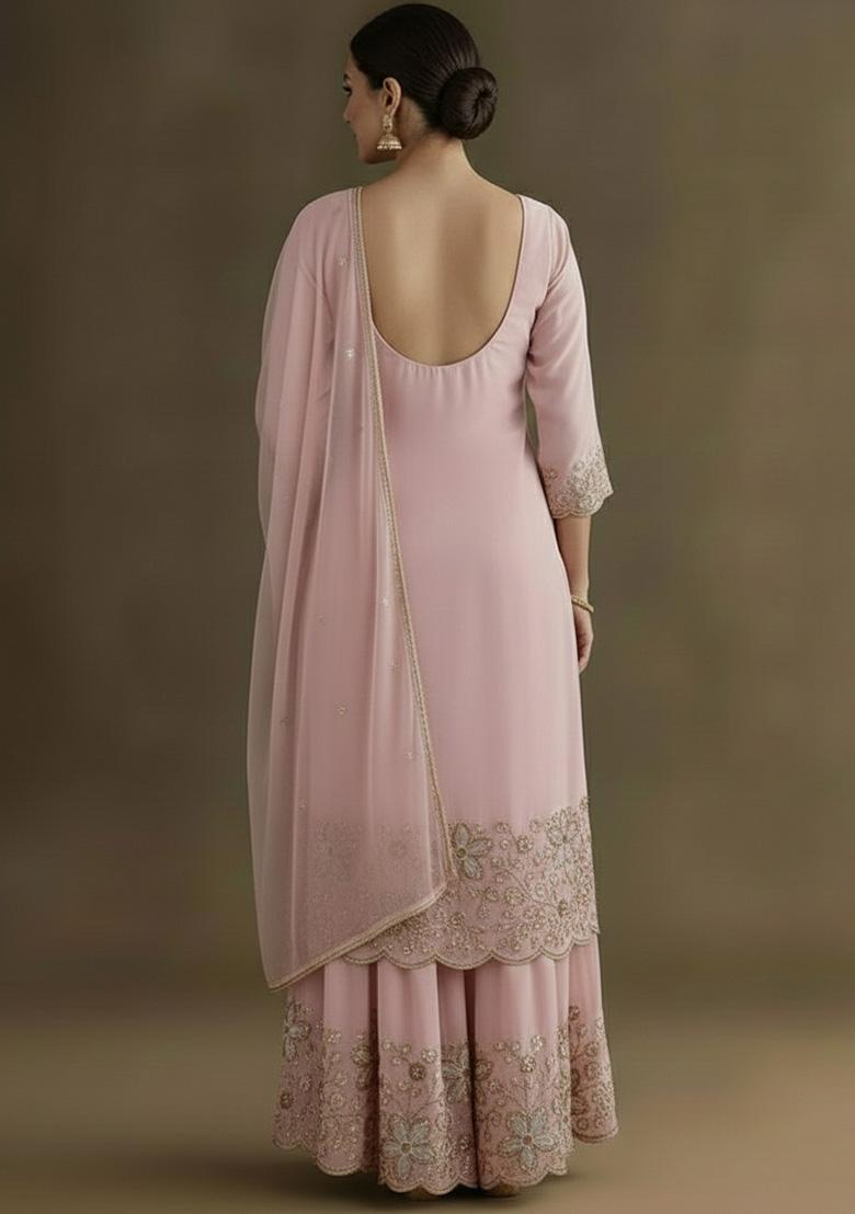 Soft Pink Embellished Crepe Sharara Set - Indya