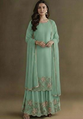 Mint Green Embellished Crepe Sharara Set