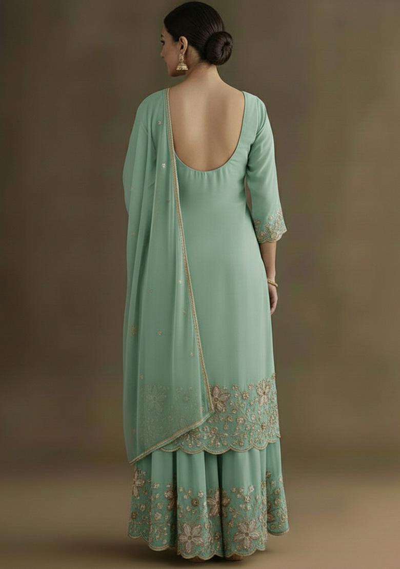 Mint Green Embellished Crepe Sharara Set - Indya