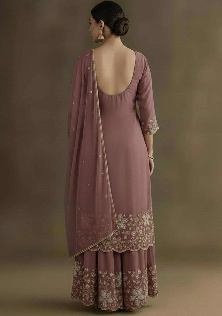 Mauve Embellished Crepe Sharara Set - Indya