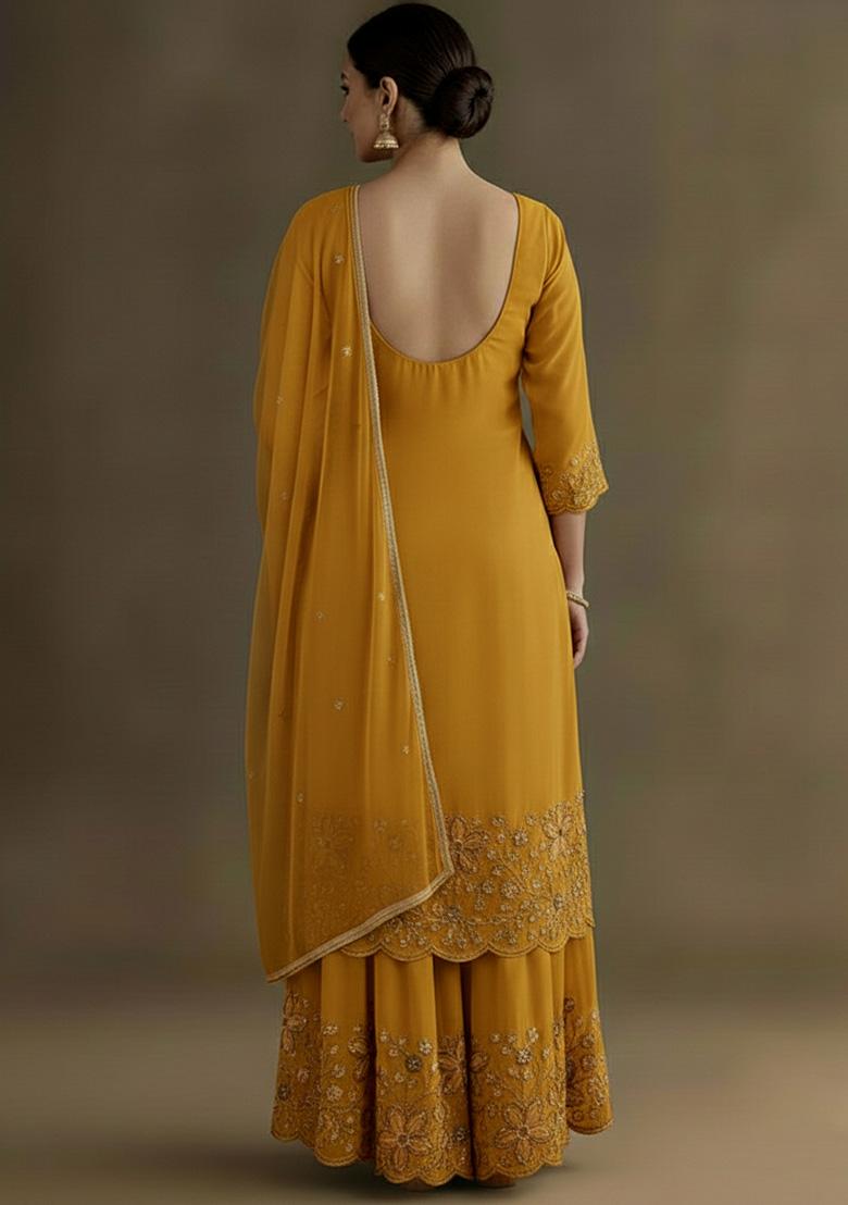 Mustard Embellished Crepe Sharara Set - Indya