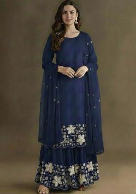Navy Blue Embellished Crepe Sharara Set
