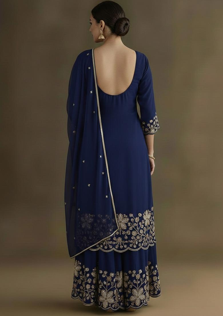 Navy Blue Embellished Crepe Sharara Set - Indya