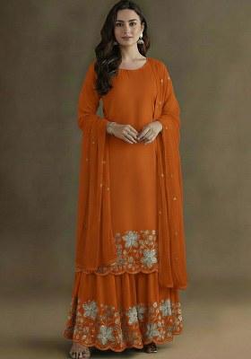 Orange Embellished Crepe Sharara Set