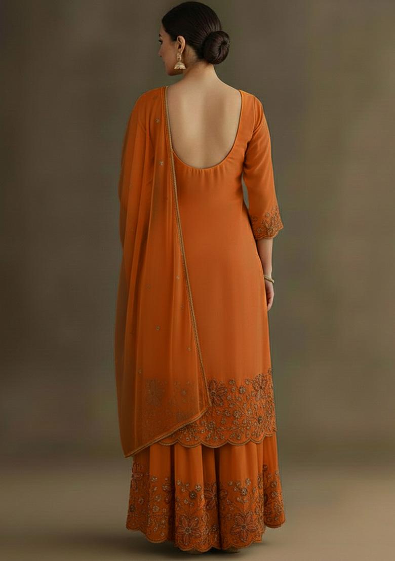 Orange Embellished Crepe Sharara Set - Indya