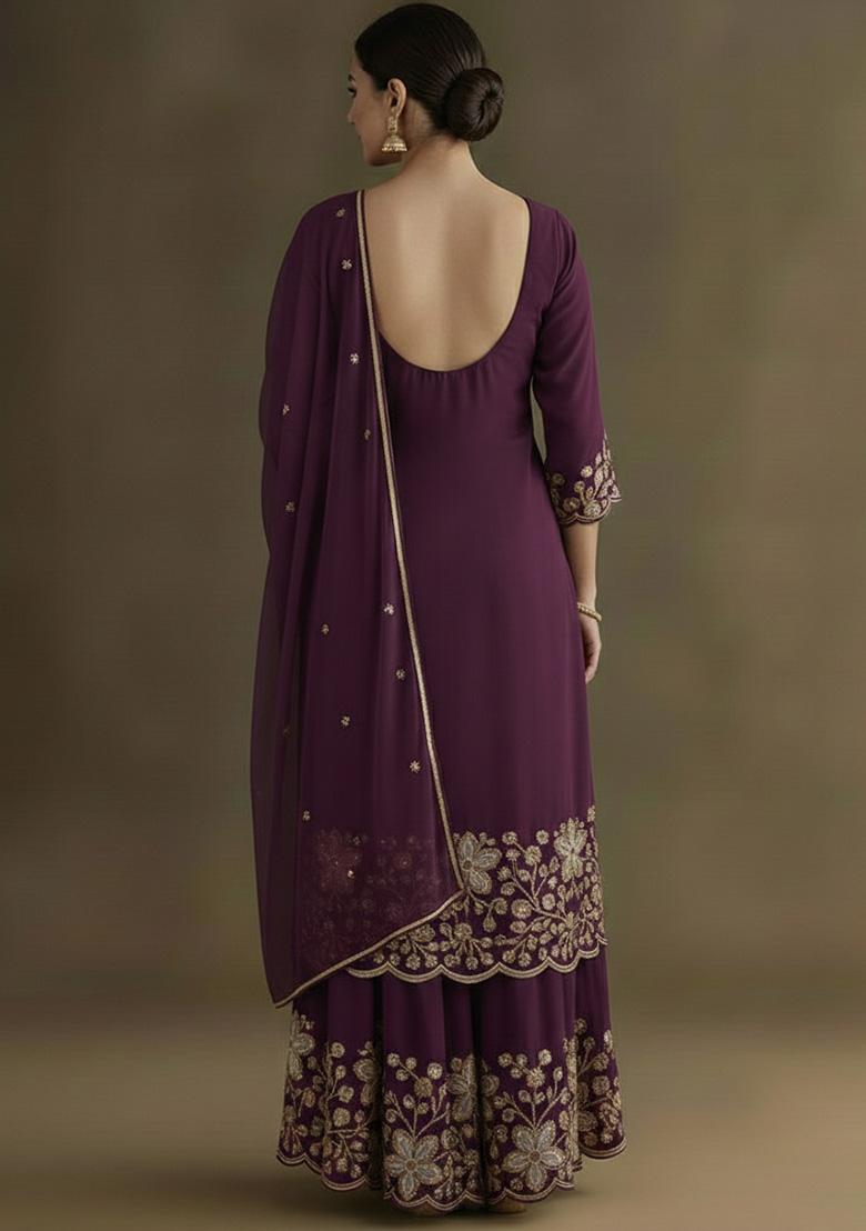 Purple Embellished Crepe Sharara Set - Indya