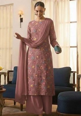 Muave Embroidered Tissue Kurta Set
