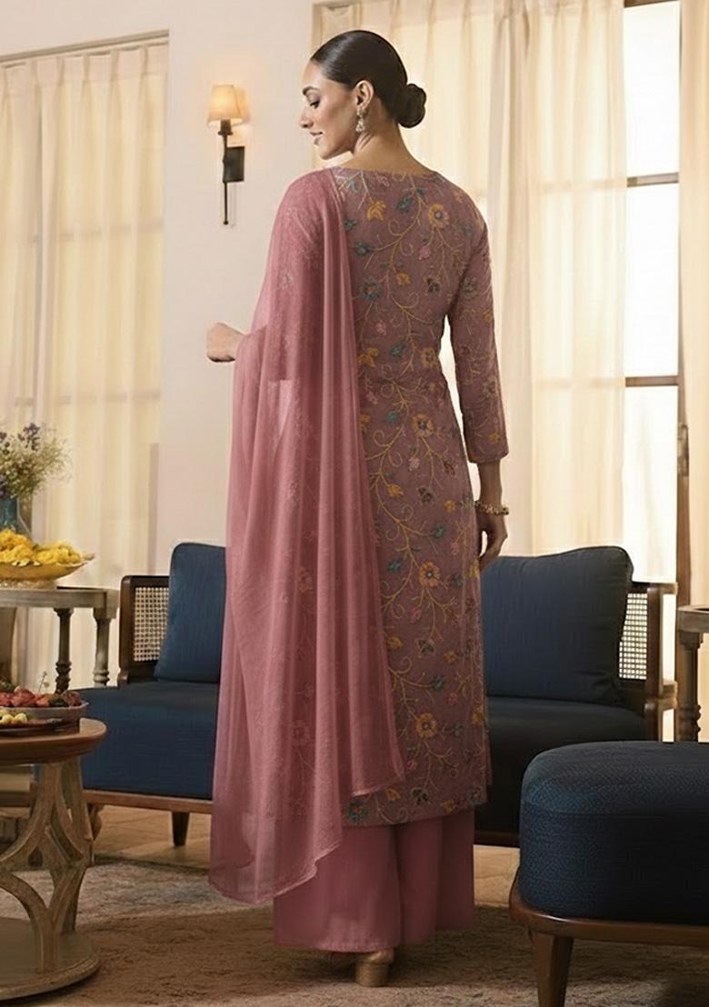 Muave Embroidered Tissue Kurta Set - Indya