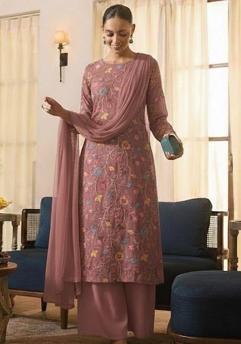 Muave Embroidered Tissue Straight Kurta Set