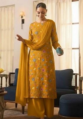 Mustard Embroidered Tissue Kurta Set