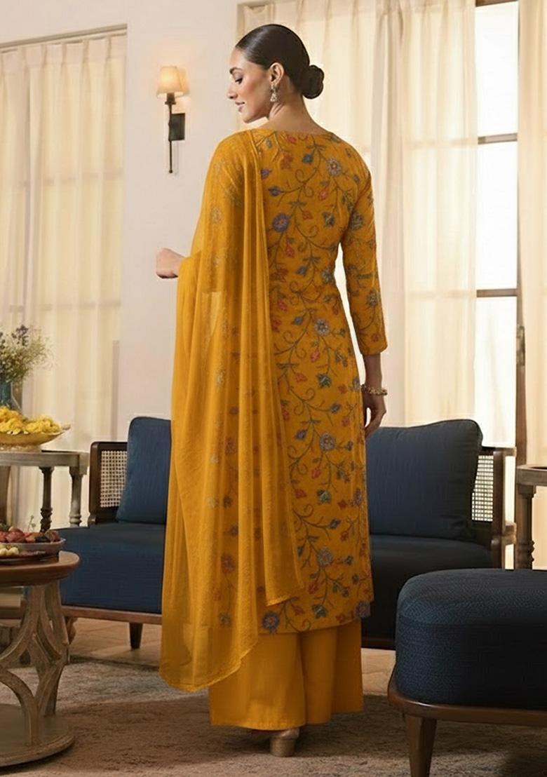 Mustard Embroidered Tissue Kurta Set - Indya