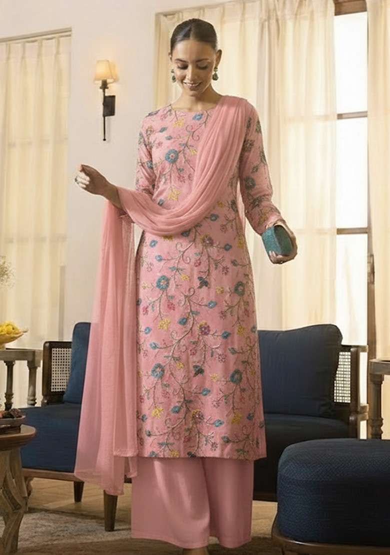Soft Pink Floral Print Tissue Straight Kurta Set - Indya