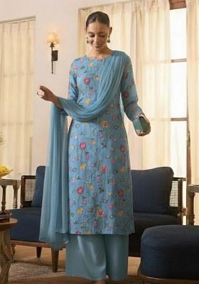 Powder Blue Embroidered Tissue Kurta Set