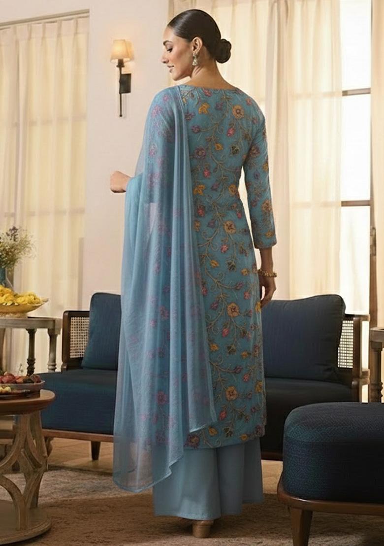 Powder Blue Embroidered Tissue Kurta Set - Indya