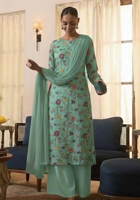 Mint Green Embroidered Tissue Kurta Set