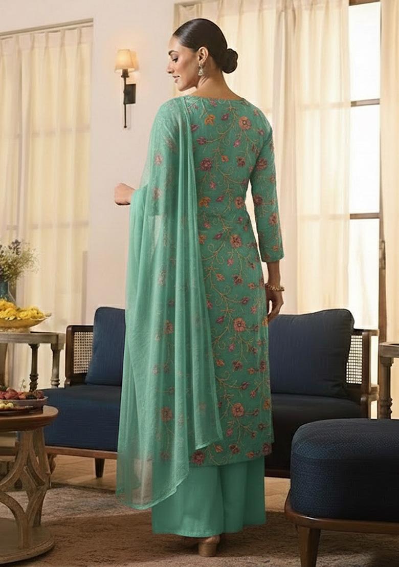 Mint Green Embroidered Tissue Kurta Set - Indya