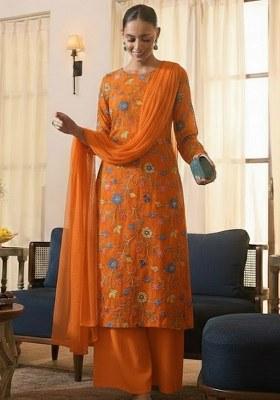 Orange Embroidered Tissue Kurta Set