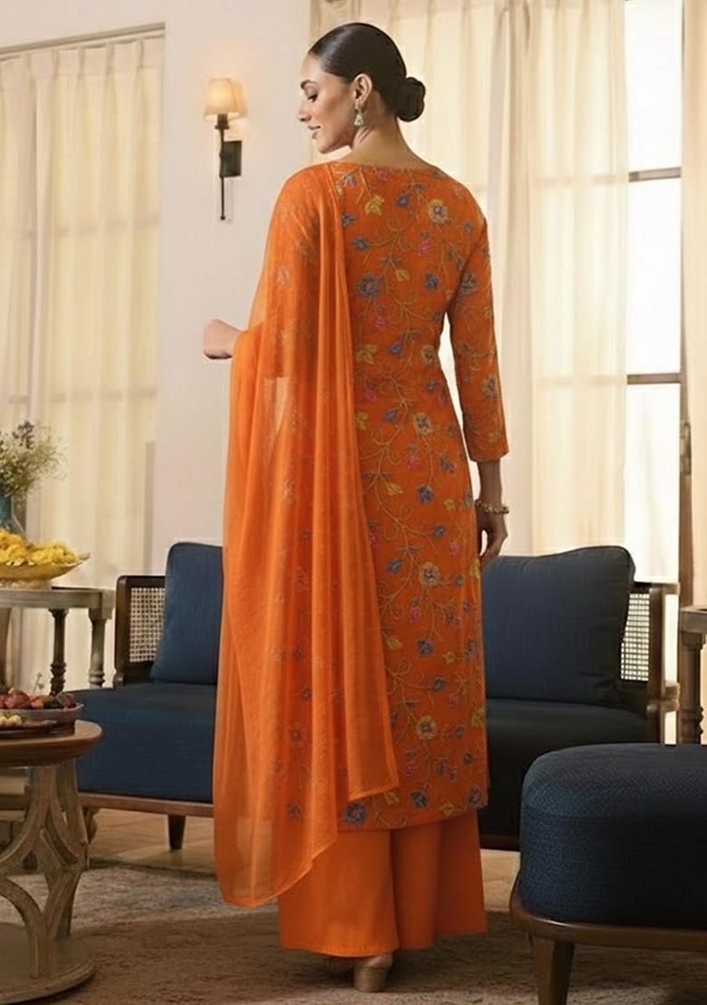Orange Embroidered Tissue Kurta Set - Indya