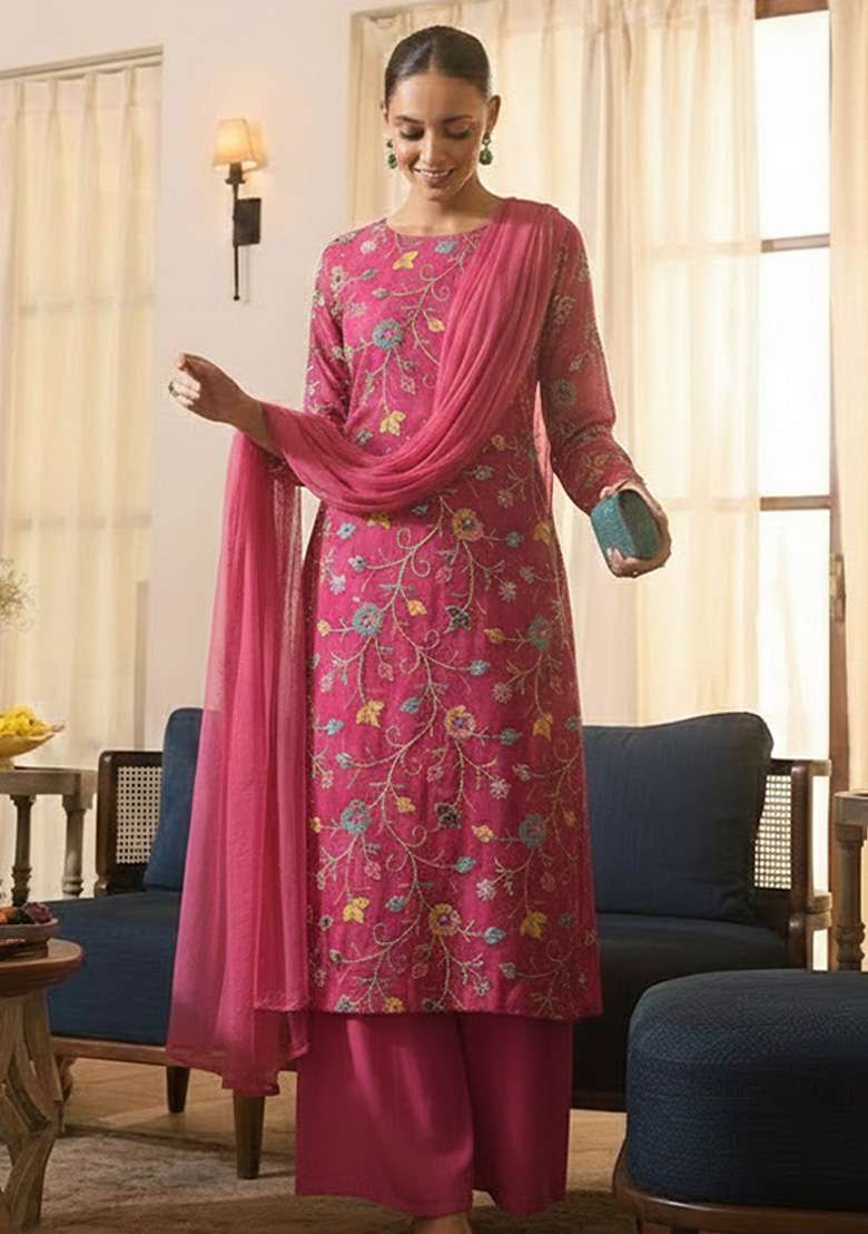Pink Embroidered Tissue Straight Kurta Set - Indya