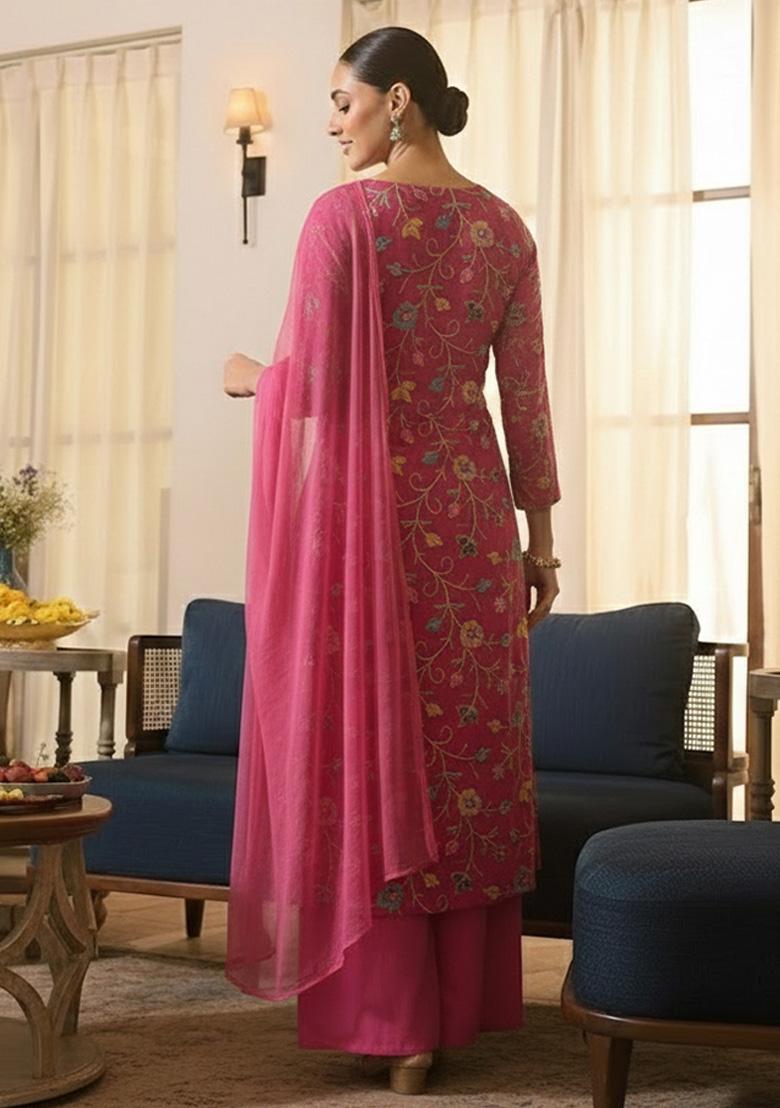 Pink Embroidered Tissue Kurta Set - Indya
