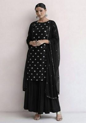 Black Embroidered Net Sharara Set