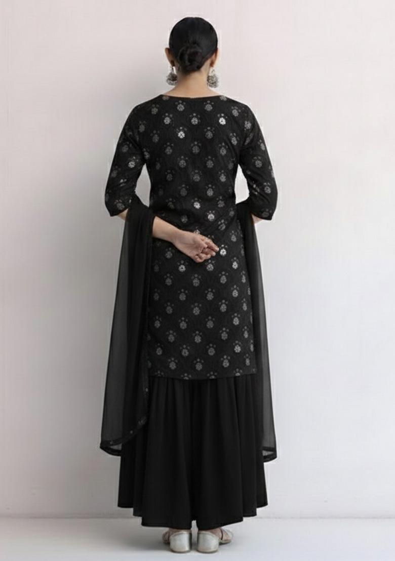 Black Embroidered Net Sharara Set - Indya