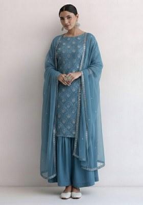 Powder Blue Embroidered Net Sharara Set