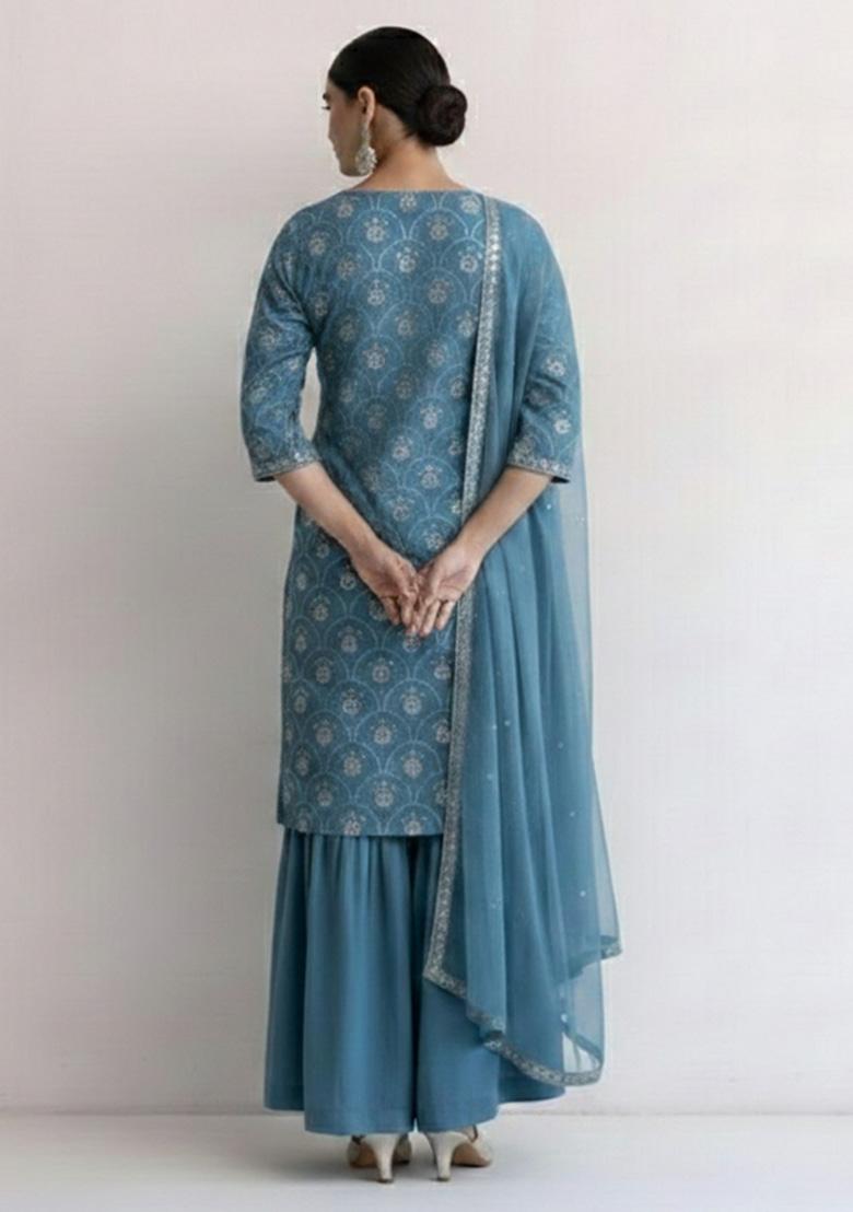 Powder Blue Embroidered Net Sharara Set - Indya