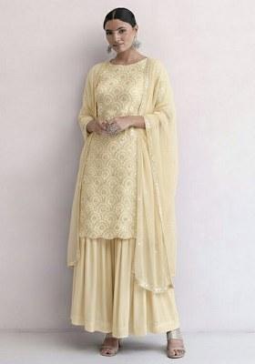 Butter Yellow Embroidered Net Sharara Set