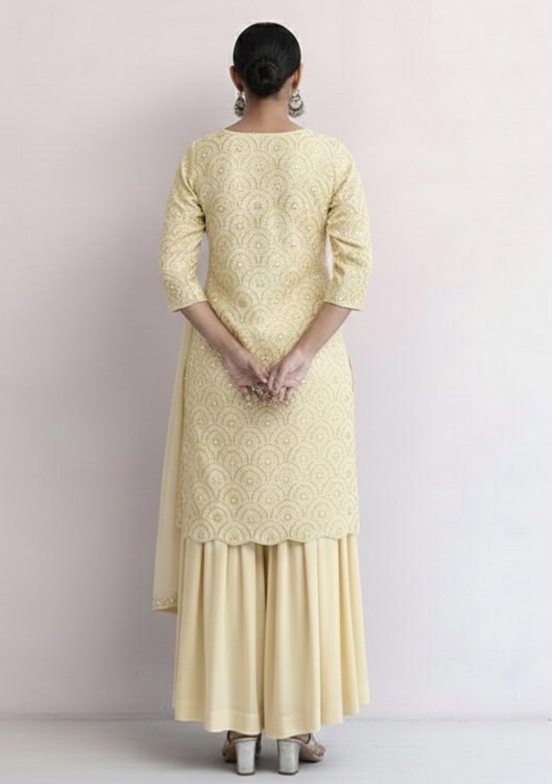 Butter Yellow Embroidered Net Sharara Set - Indya
