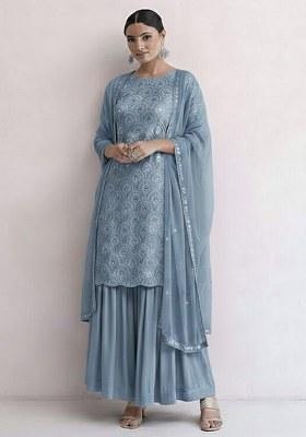 Powder Blue Embroidered Net Sharara Set